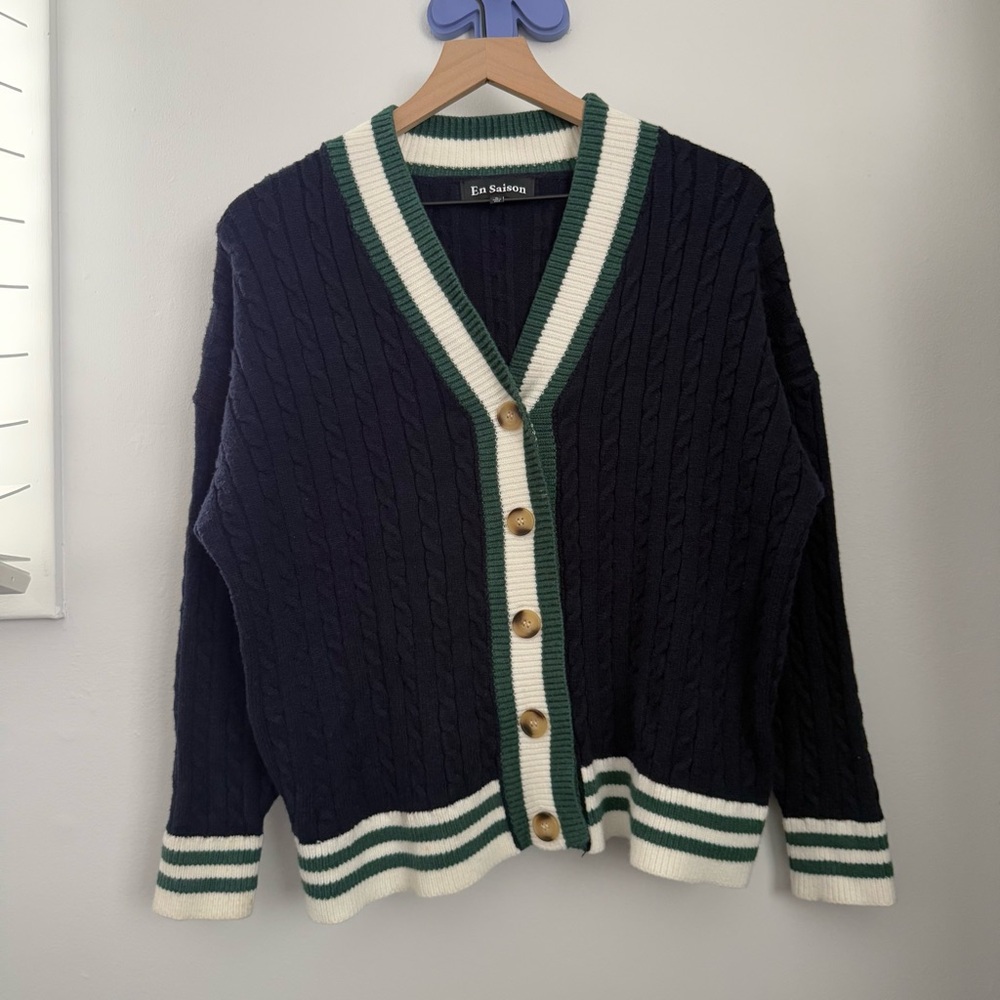 En Saison Small Spencer Cardigan Navy Cable Knit Preppy Academia